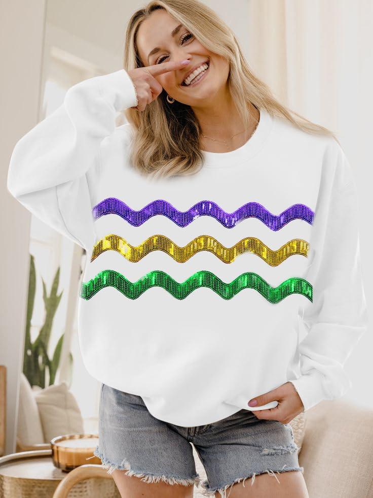 LUKYCILD Mardi Gras Sweatshirt Women Stripes Fat Tuesday Shirt Mask Graphic Carnival Long Sleeve Tee New Orleans Party Top White - Image 2