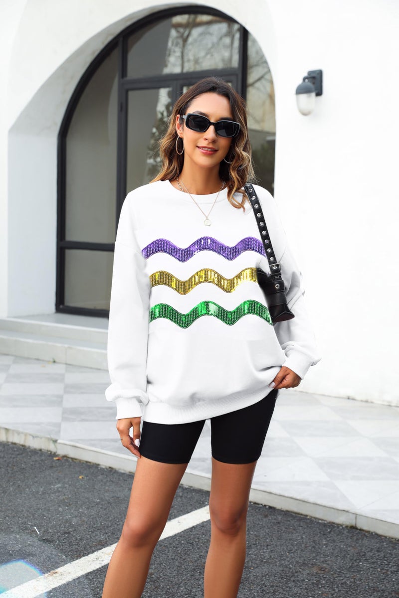LUKYCILD Mardi Gras Sweatshirt Women Stripes Fat Tuesday Shirt Mask Graphic Carnival Long Sleeve Tee New Orleans Party Top White - Image 4