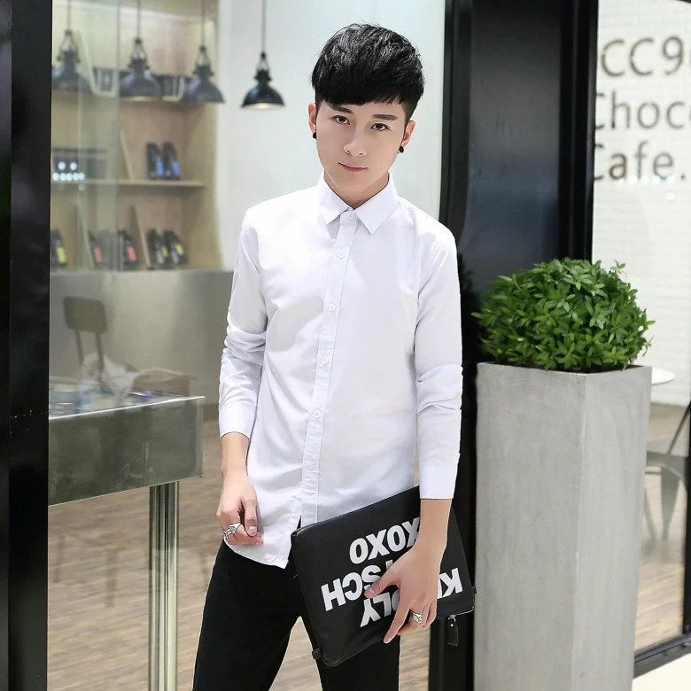 Spring New Style Mens Slim Fit Long Sleeve Shirt White Korean Business Work Uniform Professional Clothing Male Fashion White 
