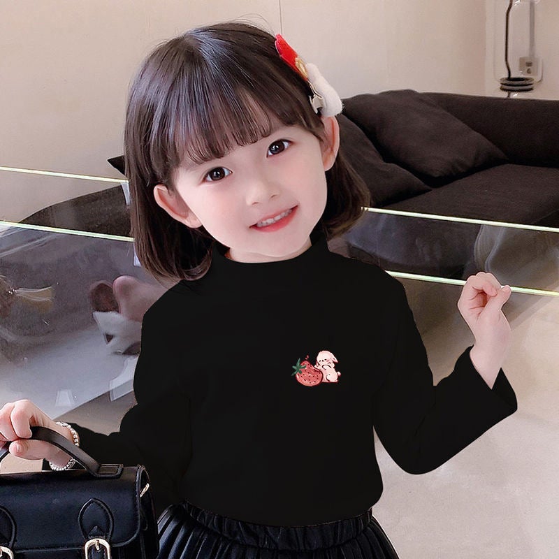 Girls' Semi-High Collar Velvet Casual Long-Sleeved T-Shirt Autumn New Arrival Medium And Large Children'S Wear Cartoon Printed Western Style Girls' T-Shirt - Image 1