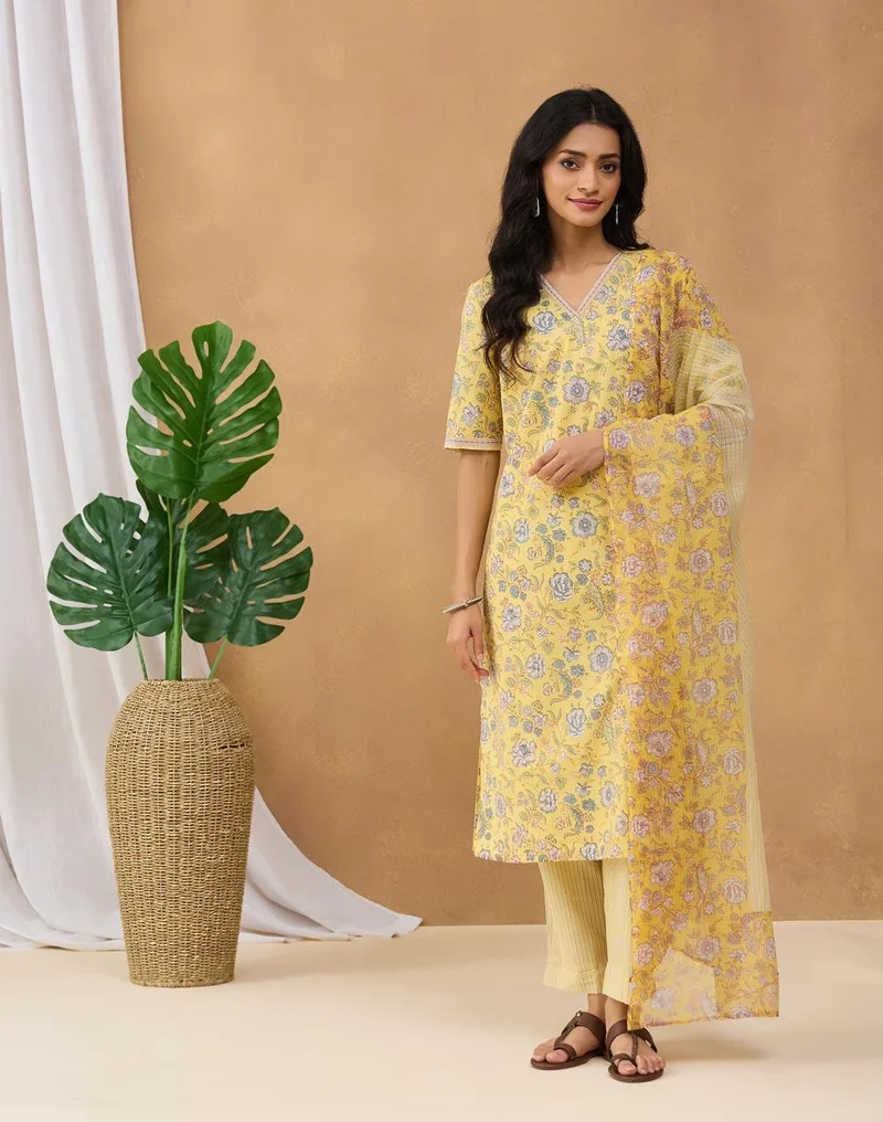 فاب انديا Yellow Cotton Printed Floral Pant, Dupatta & Kurta Set
