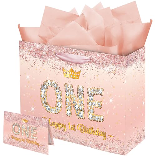 Vichona Rose Gold Happy 1st Birthday Gift Bag for One Year Old Girls, One Year Old Girl First Birthday Gift Bag Card Decorations for Daughter, Granddaughter - Image 1