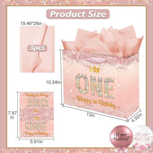Vichona Rose Gold Happy 1st Birthday Gift Bag for One Year Old Girls, One Year Old Girl First Birthday Gift Bag Card Decorations for Daughter, Granddaughter - Image 3