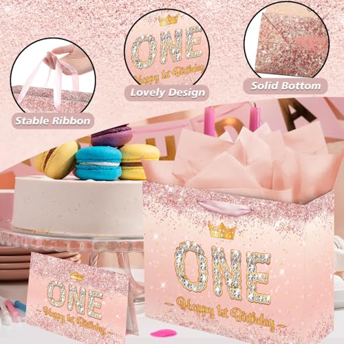 Vichona Rose Gold Happy 1st Birthday Gift Bag for One Year Old Girls, One Year Old Girl First Birthday Gift Bag Card Decorations for Daughter, Granddaughter - Image 2
