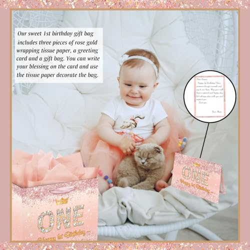 Vichona Rose Gold Happy 1st Birthday Gift Bag for One Year Old Girls, One Year Old Girl First Birthday Gift Bag Card Decorations for Daughter, Granddaughter - Image 5