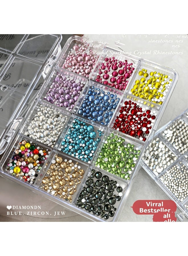 12 Grid Colorful Flat Back Rhinestone Nail Art Set Round Diamond Charms for DIY - Image 1