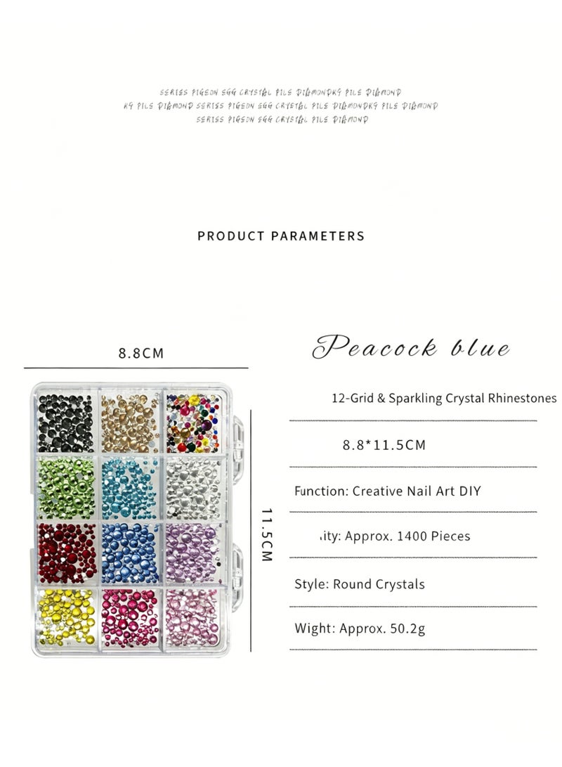 12 Grid Colorful Flat Back Rhinestone Nail Art Set Round Diamond Charms for DIY - Image 2