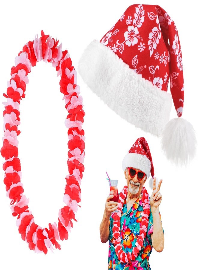 Poen 2 Pcs Hawaiian Christmas Costume Accessories Set Santa Hat Hawaiian Leis for Tropical Christmas Outfits Hibiscus Decoration - Image 1