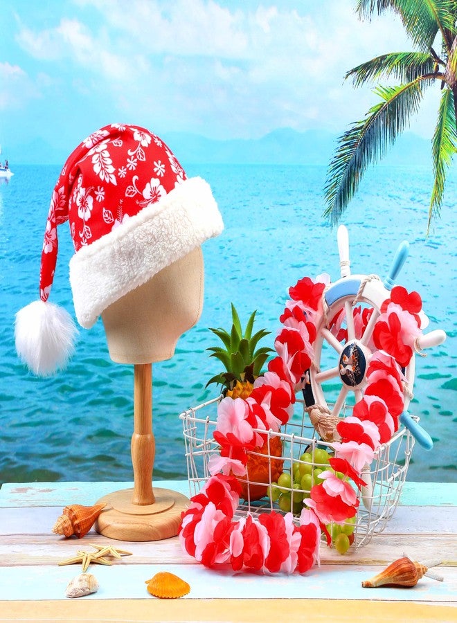 Poen 2 Pcs Hawaiian Christmas Costume Accessories Set Santa Hat Hawaiian Leis for Tropical Christmas Outfits Hibiscus Decoration - Image 4