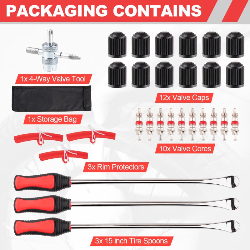 Rpeconu 15" Tire Spoons Kit, Tire Changing Tool for Motorcycles, Dirt Bikes, Lawn Mowers and More, 29PCS Tire Removal Tool Set, with Tire Spoon, Rim Protector, Valve Tool, Valve Cover and Valve Core - Image 2
