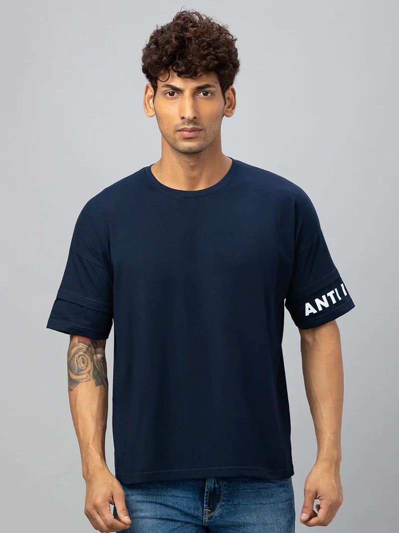 Globus Men Navy Solid Round Neck Cotton Loose Fit Sports T-shirt