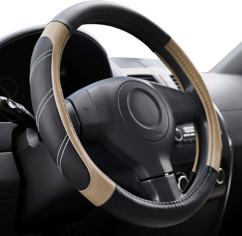 Elantrip Steering Wheel Cover Leather 15 1/2 to 16 inch Universal Large Soft Grip Breathable for Car Truck SUV Jeep Anti Slip Beige - Image 1