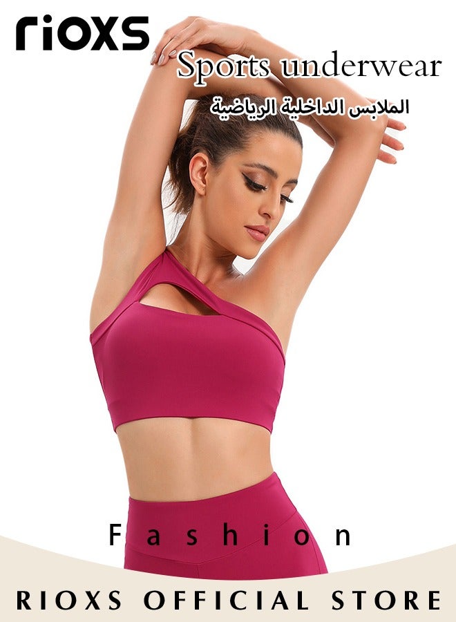 RIOXS Women's One Shoulder Sports Bra Wireless Padded Yoga Bra Halter Style Medium Support Workout Bra - Image 2