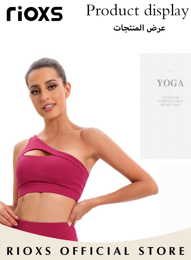 RIOXS Women's One Shoulder Sports Bra Wireless Padded Yoga Bra Halter Style Medium Support Workout Bra - Image 5