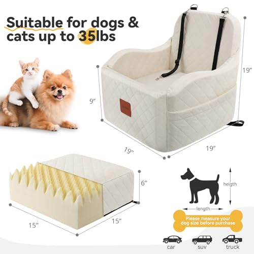 INDYBUD Dog Car Seats for Small Medium Dogs Up to 35lbs Detachable Washable Soft Pet Booster Travel Bed for Front Seat with Safety Leash Belt Beige Medium - Image 3