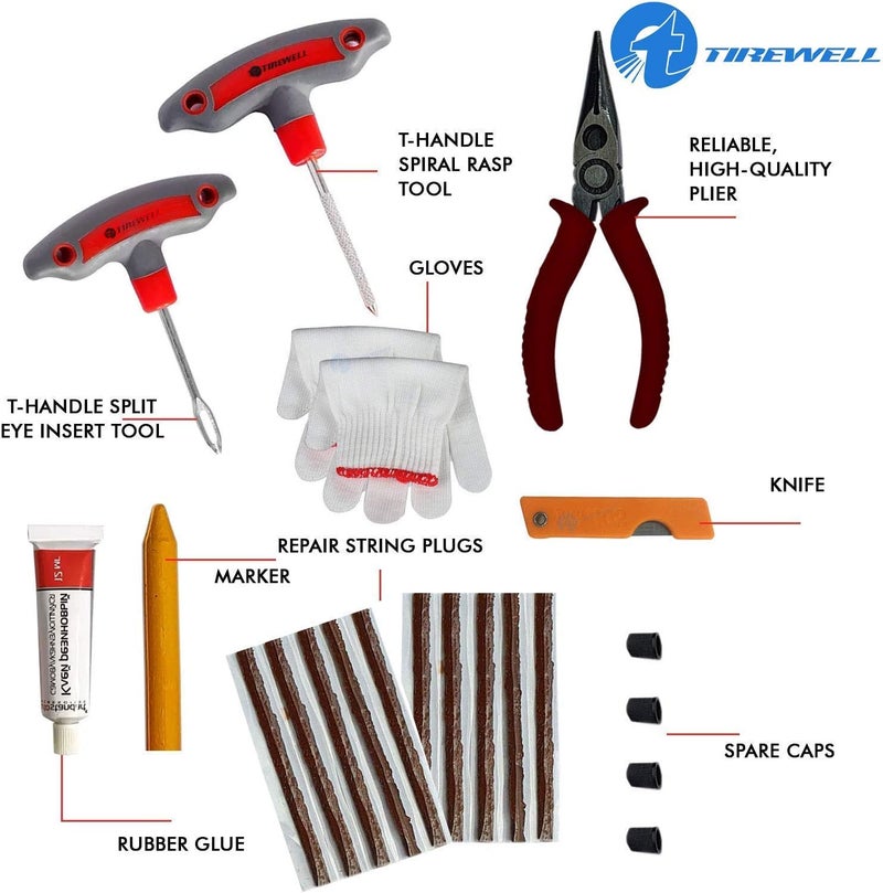 طقم إصلاح ثقوب الإطارات بدون أنبوب TW-5001 9 في 1 مع صندوق تخزين، صندوق أدوات إصلاح الإطارات المسطحة الطارئة للسيارة والدراجة وسيارات الدفع الرباعي والدراجة النارية - Image 2