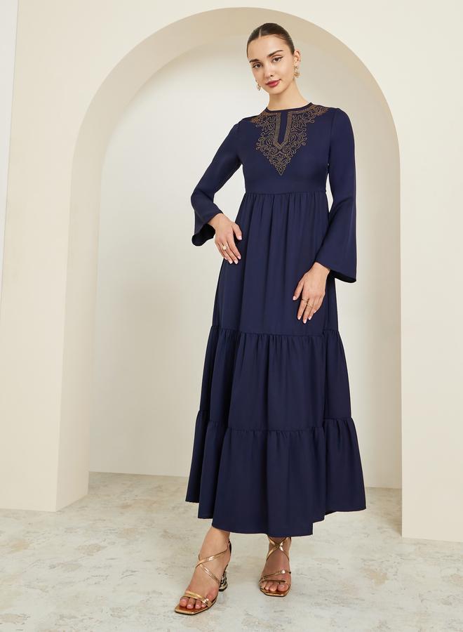 Styli Navy Blue Embellished Tiered Maxi Dress - Image 3
