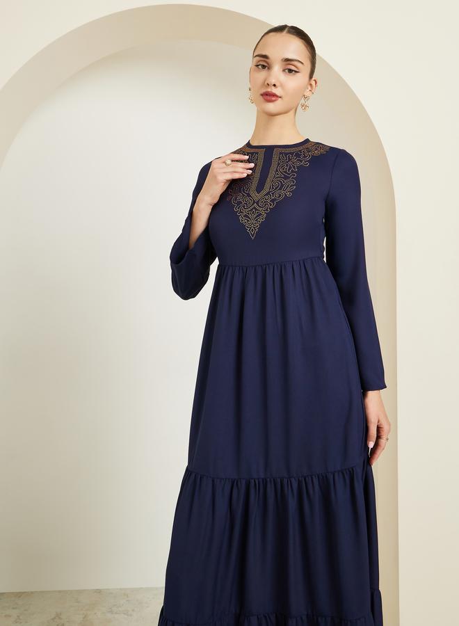 Styli Navy Blue Embellished Tiered Maxi Dress - Image 2