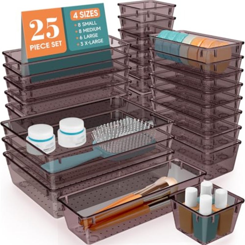 25 PCS Plastic Drawer Organizer Set, 4 Sizes Desk Drawer Divider Organizers and Storage Bins for Makeup, Jewelry, Gadgets for Kitchen, Bedroom, Bathroom, Office