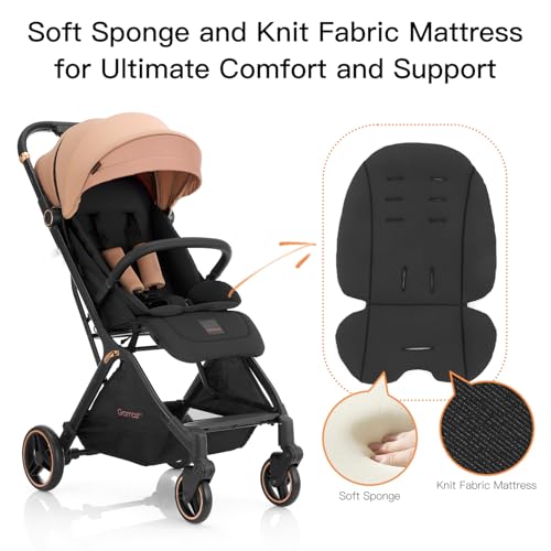 Gromast Gravity Folding Baby Stroller - Portable Travel Toddler Stroller w/Adjustable Backrest & Canopy, Cup Holder, Lightweight and UV Protected, One-Hand Automatic Folding - Khaki - Image 3