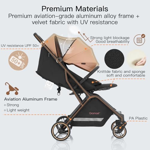 Gromast Gravity Folding Baby Stroller - Portable Travel Toddler Stroller w/Adjustable Backrest & Canopy, Cup Holder, Lightweight and UV Protected, One-Hand Automatic Folding - Khaki - Image 5