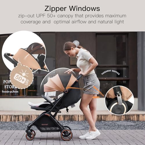 Gromast Gravity Folding Baby Stroller - Portable Travel Toddler Stroller w/Adjustable Backrest & Canopy, Cup Holder, Lightweight and UV Protected, One-Hand Automatic Folding - Khaki - Image 4