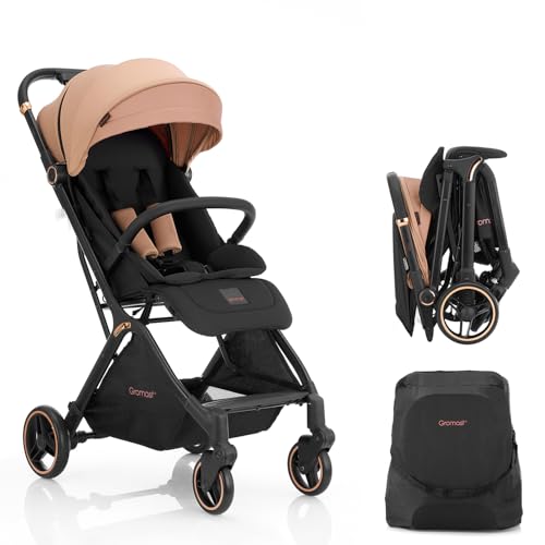 Gromast Gravity Folding Baby Stroller - Portable Travel Toddler Stroller w/Adjustable Backrest & Canopy, Cup Holder, Lightweight and UV Protected, One-Hand Automatic Folding - Khaki - Image 1