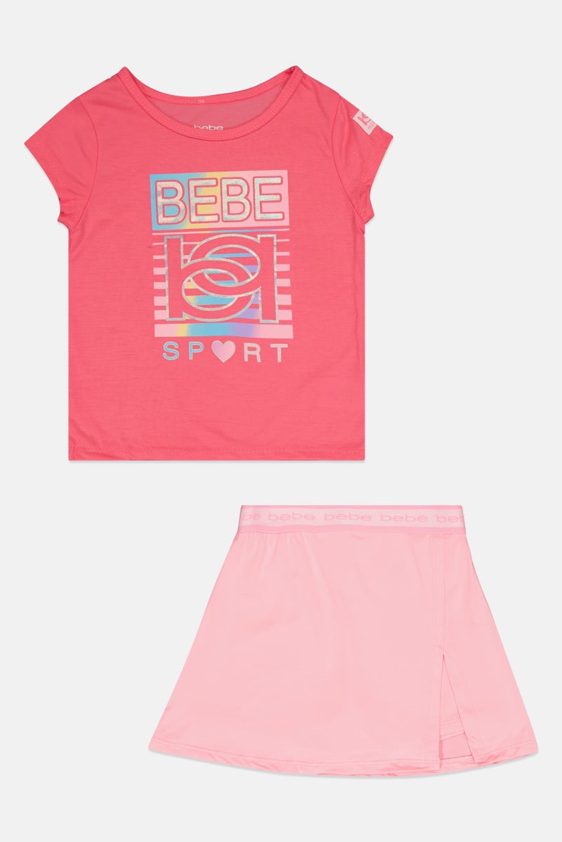 bebe Kids Girl 2 Piece Sportswear Fit Short Sleeve Training T-shirt And Skort, Pink - Image 2