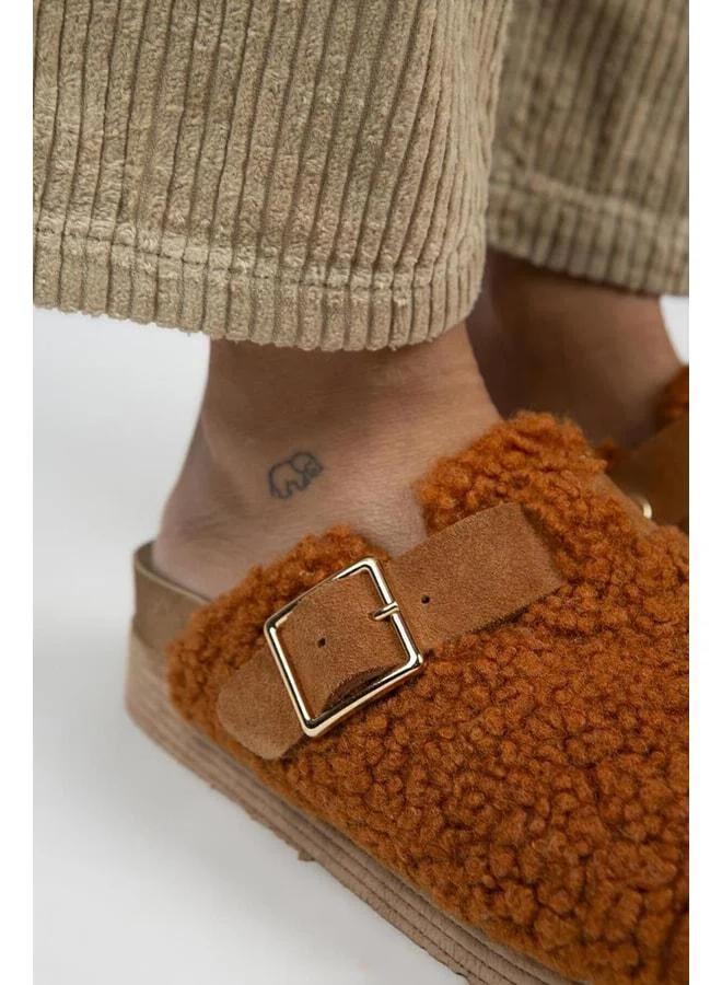 Manijero  Juno Women's Textile Fur-Lined Genuine Leather Belted Buckle Tan Slippers - Brown for Women | Best Price UAE