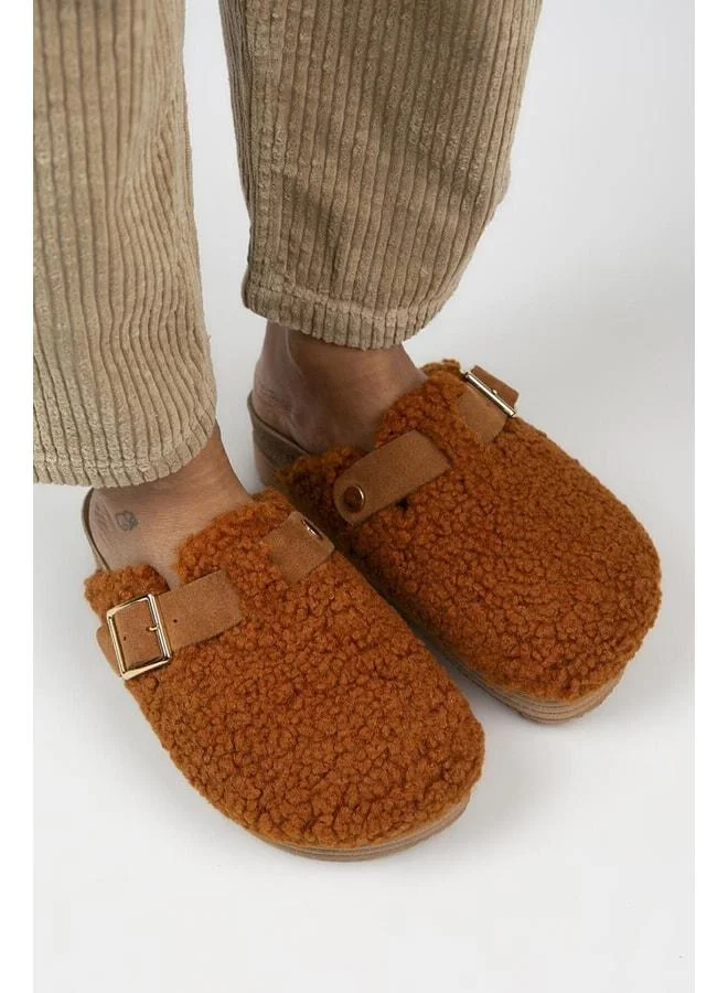 Manijero  Juno Women's Textile Fur-Lined Genuine Leather Belted Buckle Tan Slippers - Brown for Women | Best Price UAE
