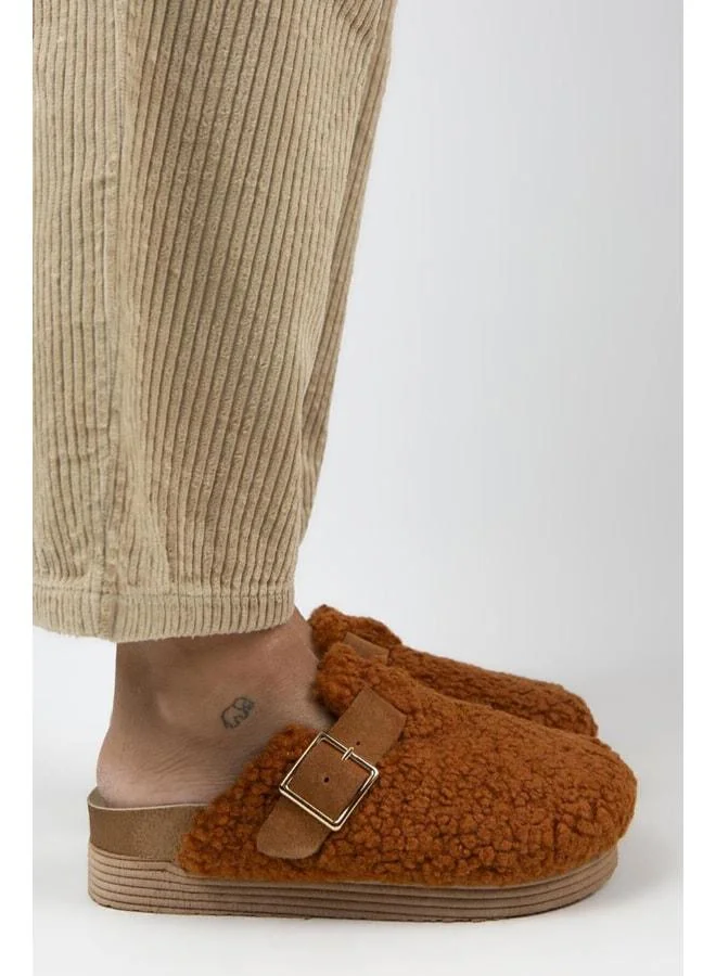 Juno Women's Textile Fur-Lined Genuine Leather Belted Buckle Tan Slippers - Brown