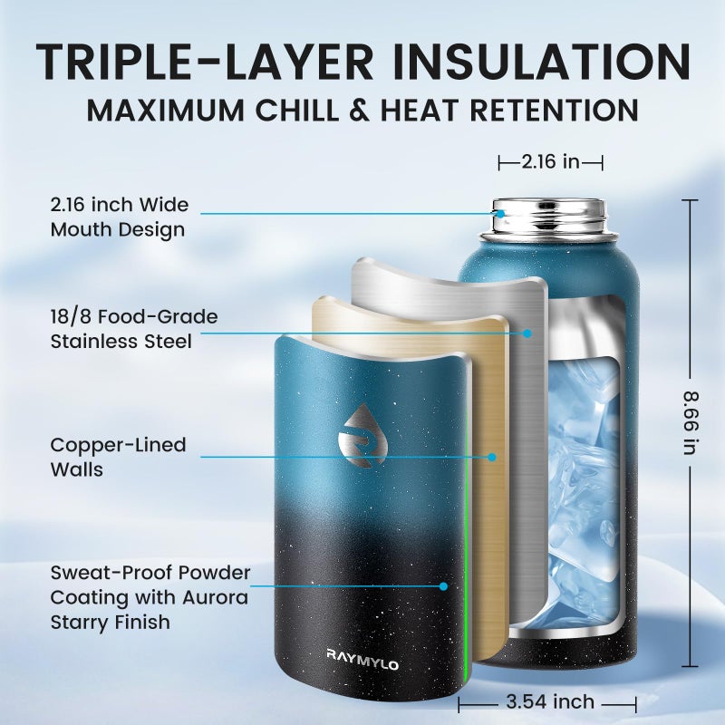 RAYMYLO 32oz Insulated Water Bottle, Triple Wall Vacuum Stainless Steel Water Bottles - Keeps Cold 48H, Reusable Metal water flask Jug for Gym, Sports, Camping, Hiking,Travel, Starry Sky-Indigo/Black - Image 4