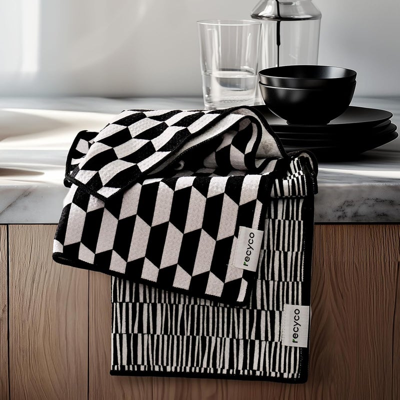 RECYCO Waffle Kitchen Towel Set of 2  Quick Dry Microfiber Sustainable Dish Towels  Ultra Absorbent Reusable Cleaning Tea Towels  Lightweight Hand Towels16x 28 Black  White Mirage - Image 1