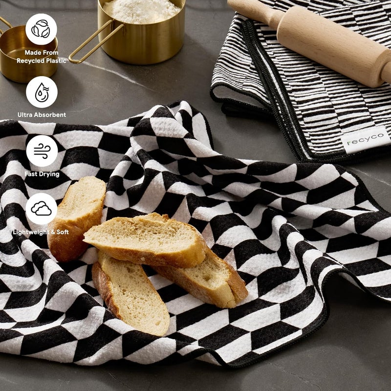 RECYCO Waffle Kitchen Towel Set of 2  Quick Dry Microfiber Sustainable Dish Towels  Ultra Absorbent Reusable Cleaning Tea Towels  Lightweight Hand Towels16x 28 Black  White Mirage - Image 2