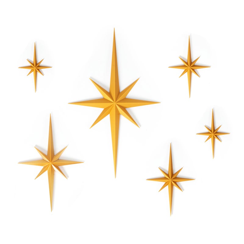 Stylor Mid Century Modern Decor, Gold Mcm Retro 3D Star Art Wall Sculpture, Plastic Starburst Decor, Vintage Celestial Whimsigoth Home Decor Accent. (Set of 6) - Image 1