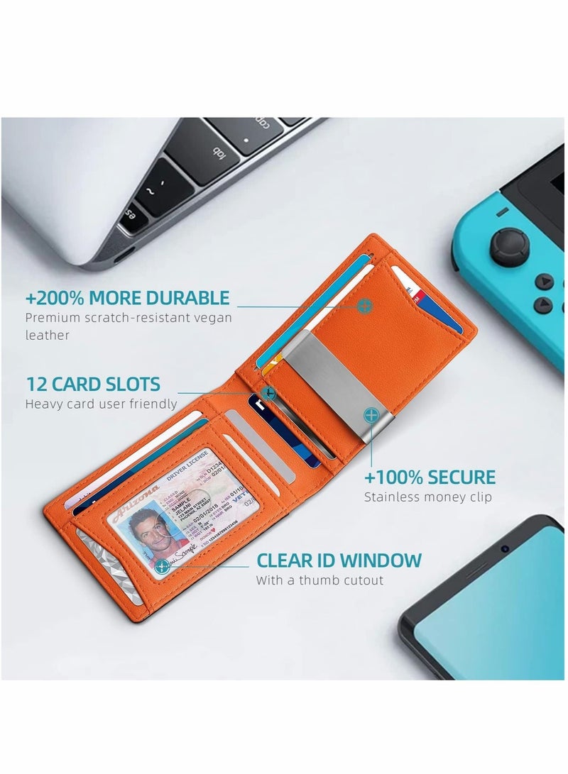 Wallet for Men Slim Larger Capacity with 12 Slots RFID Blocking Men's Minimalist Money Pocket Bifold Leather ID Window Gift Box  - Image 2
