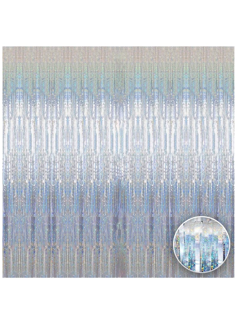 KATCHON Iridescent Silver Backdrop Curtain - 3.2x8 Feet, Pack of 1 | Iridescent Silver Fringe Backdrop For Birthday Decoration  - Image 1