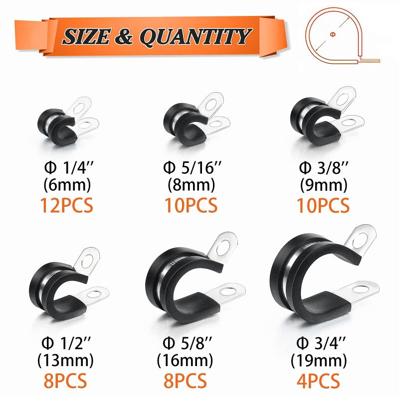 Camtek 52PCS Cable Clamps Assortment Kit, Camtek Stainless Steel Rubber Cushion Pipe Clamps Hose Clamps Metal Clamp Fuel Line Hose Water Pipe Air Tubing Clamps - 6 Sizes 1/4'' 5/16'' 3/8'' 1/2'' 5/8'' 3/4'' - Image 2
