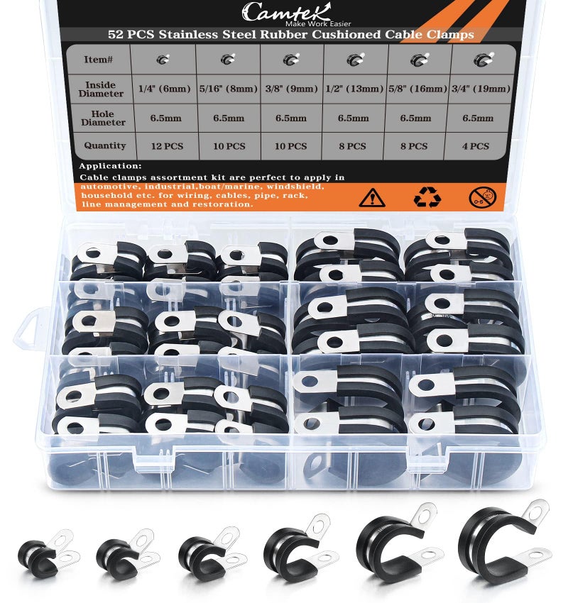Camtek 52PCS Cable Clamps Assortment Kit, Camtek Stainless Steel Rubber Cushion Pipe Clamps Hose Clamps Metal Clamp Fuel Line Hose Water Pipe Air Tubing Clamps - 6 Sizes 1/4'' 5/16'' 3/8'' 1/2'' 5/8'' 3/4'' - Image 1
