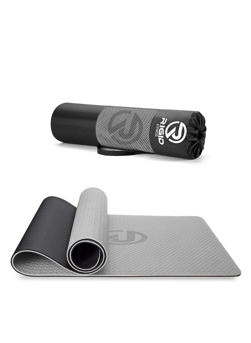 RIGID FITNESS Thick Yoga Mat - Knees Supportive Double Colors Mat for Fitness, Home & Gym Exercise Fitness Mat - Non-Slip Yoga Gym Mat with Carrying Bag - 183*66cm (4mm Thick) Grey/Black - Image 1