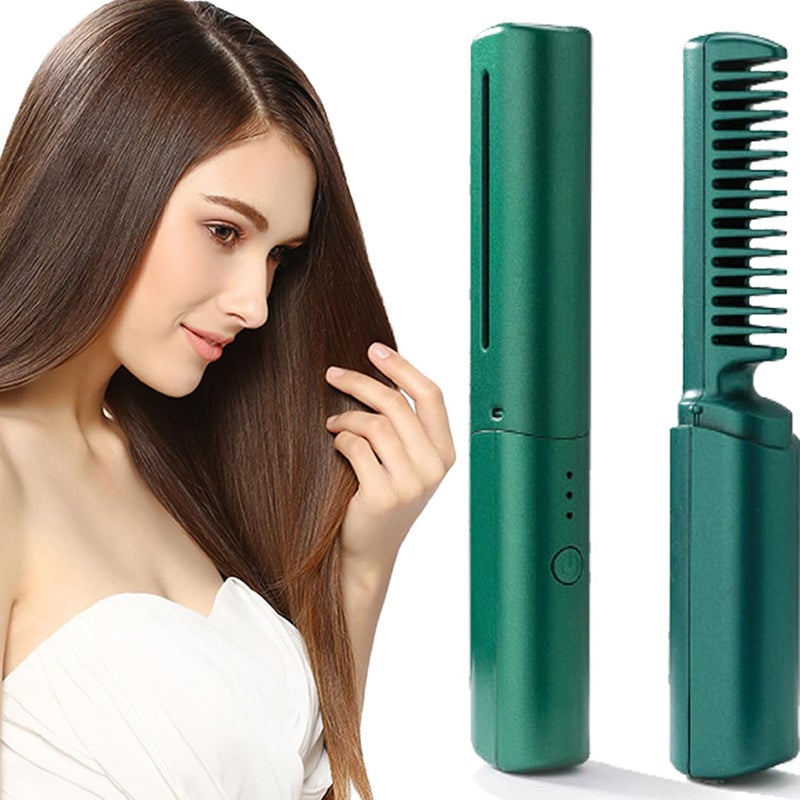 كلاراكو مكواة فرد شعر صغيرة قابلة لإعادة الشحن، مشط تصفيف شعر صغير قابل لإعادة الشحن، مكواة فرد شعر محمولة صغيرة لاسلكية قابلة لإعادة الشحن عبر USB (أخضر) - Image 1