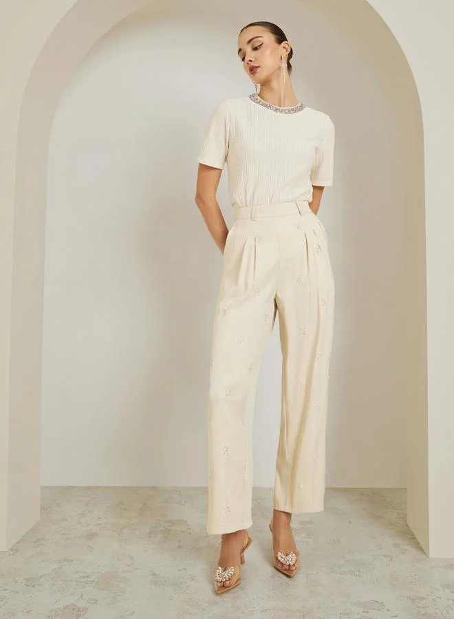 Styli Off-White Embellished Wide Leg Pants