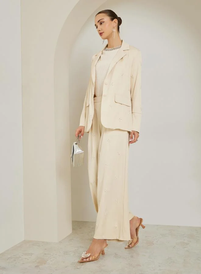 Styli Off-White Embellished Wide Leg Pants