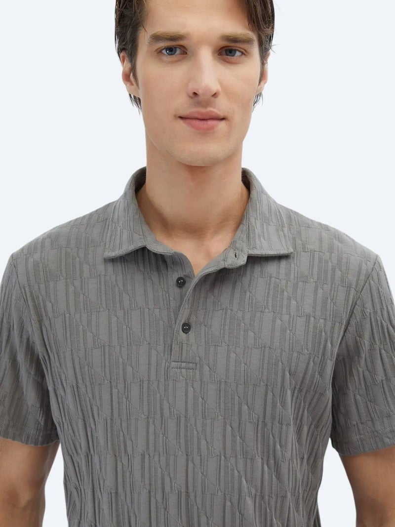 Kip Hard Coal Patterned Polo Neck 100% Cotton T-Shirt - Image 4