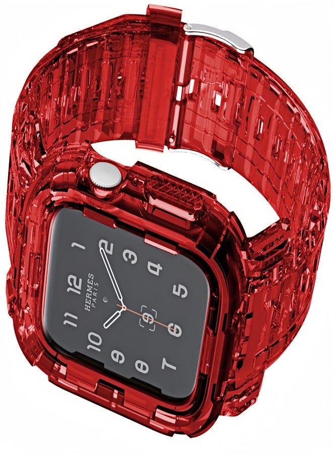 Tomcrazy Transparent Integrated Watch Bands Case for Apple Watch Series 9 8 7 6 SE 5 4, iWatch 45mm 41mm 44mm 40mm Clear Updated Large Wrists Watch Strap Bumper (Crystal Red, 45mm/44mm/42mm) - Image 2