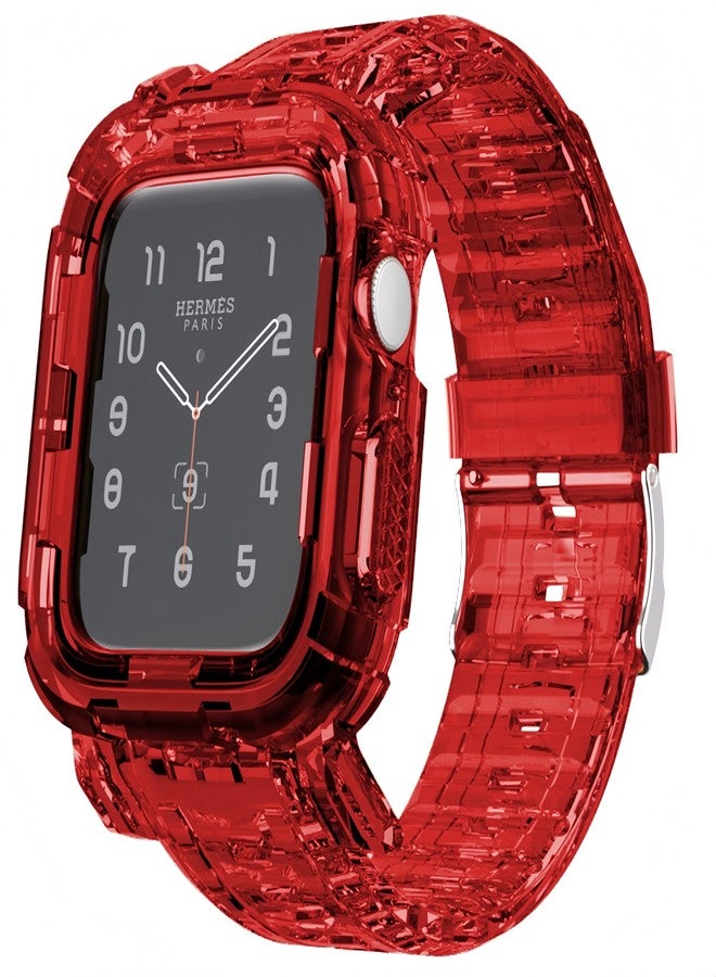 Tomcrazy Transparent Integrated Watch Bands Case for Apple Watch Series 9 8 7 6 SE 5 4, iWatch 45mm 41mm 44mm 40mm Clear Updated Large Wrists Watch Strap Bumper (Crystal Red, 45mm/44mm/42mm) - Image 1