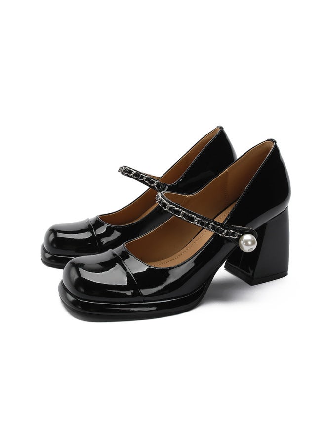 Teahoo Mary Jane Shoes Spring Black And White Color Block Thick Heel Jk Women's Shoes Metal Chain Girl High Heels
