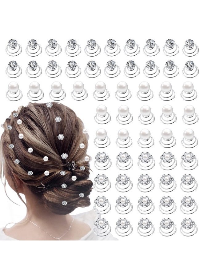 LAPOHI - 60 Pcs 3 Shapes Gems Rhinestone Twister Hair Studs Set Diamond Spiral Pearl Flower Jewels Hair Pins Sticks For Wedding Bridal Prom Party And Special Occasion (Diamond&Pearl&Flower) - Image 1