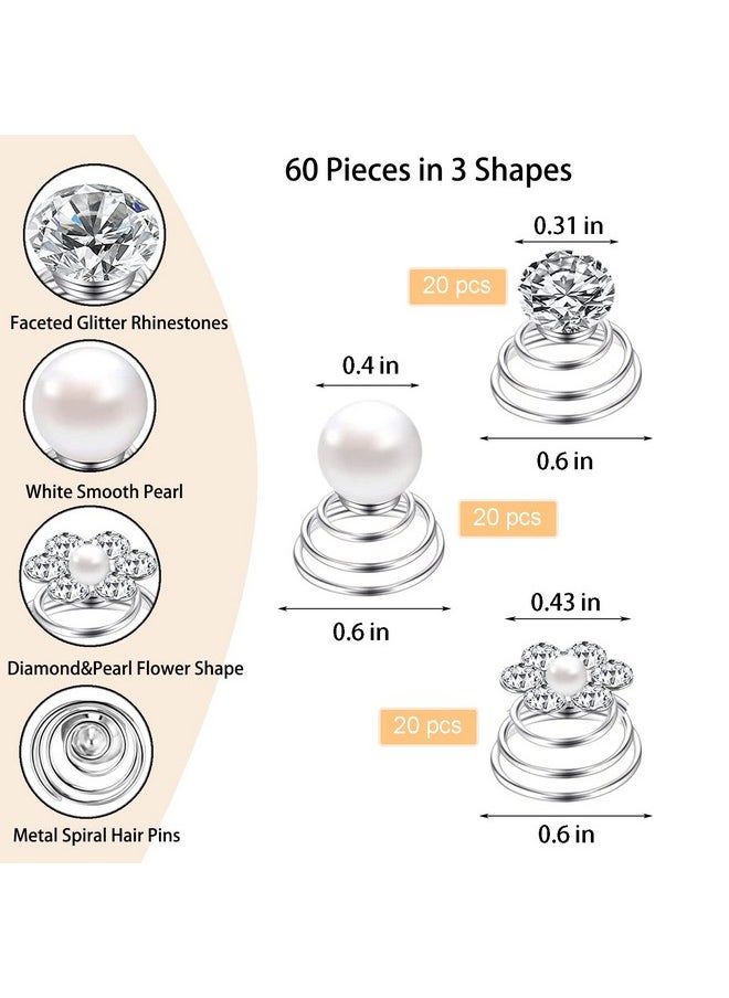 LAPOHI - 60 Pcs 3 Shapes Gems Rhinestone Twister Hair Studs Set Diamond Spiral Pearl Flower Jewels Hair Pins Sticks For Wedding Bridal Prom Party And Special Occasion (Diamond&Pearl&Flower) - Image 1