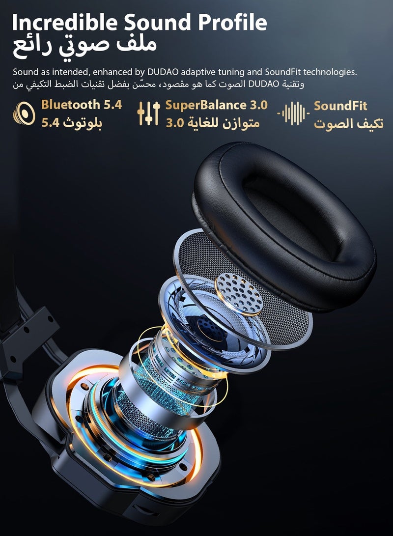 DUDAO X22MAX Bluetooth Over-Ear Headphones, Stereo Sound, 30H Playtime, Type-C Fast Charging, Foldable Design – Black - Image 4